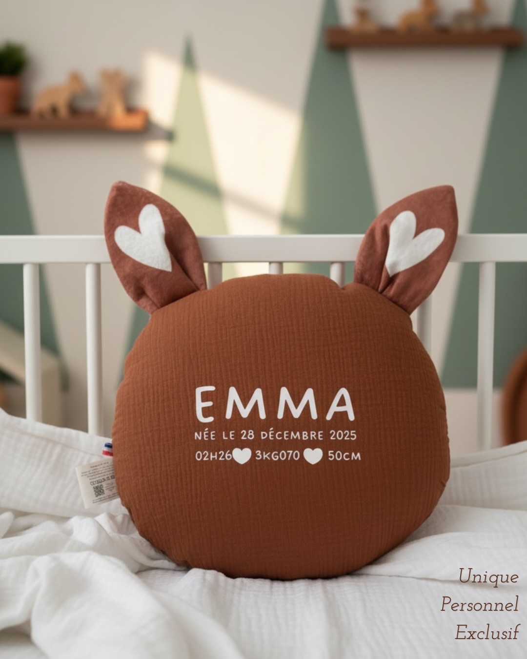 coussin de naissance personnalisé fait main France avec prénom et informations bébé