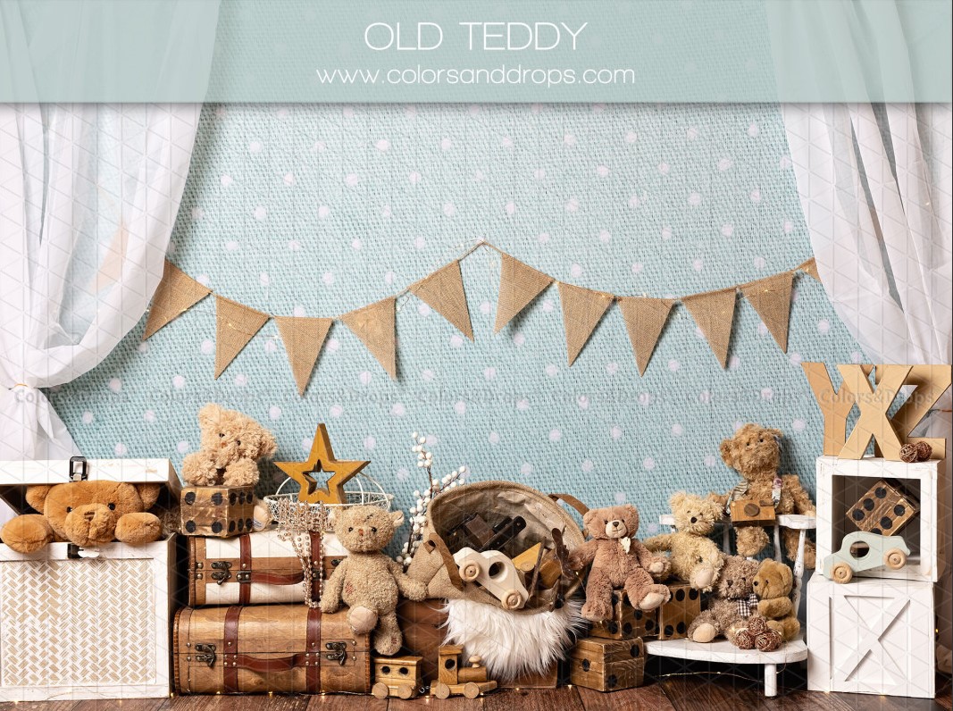 Décor studio Old Teddy avec valises nounours jouets en bois, cubes. Fond bleu et marron
