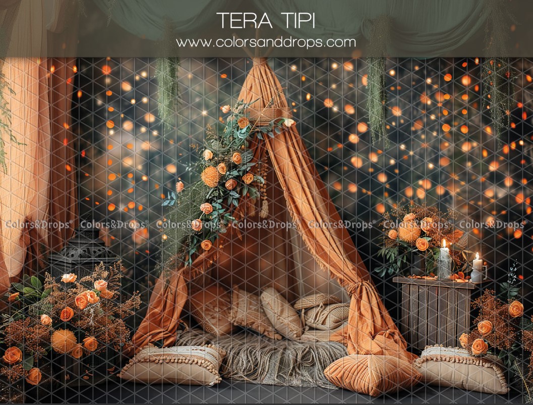 Décor studio tipi Terra coussins guirlandes lumineuses roses oranges et tons verts