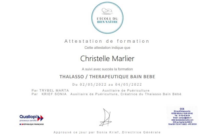 Attestation de formation Thalasso Thérapeutique Bain Bébé - Christelle Marlier, École du Bien Naître